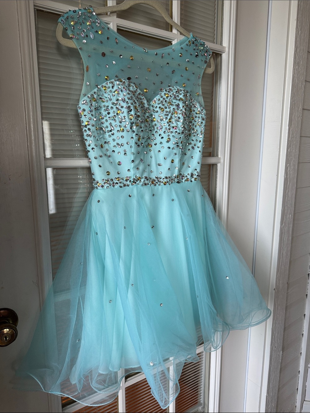Crystal-Embellished Light Aqua Tulle Prom Dress